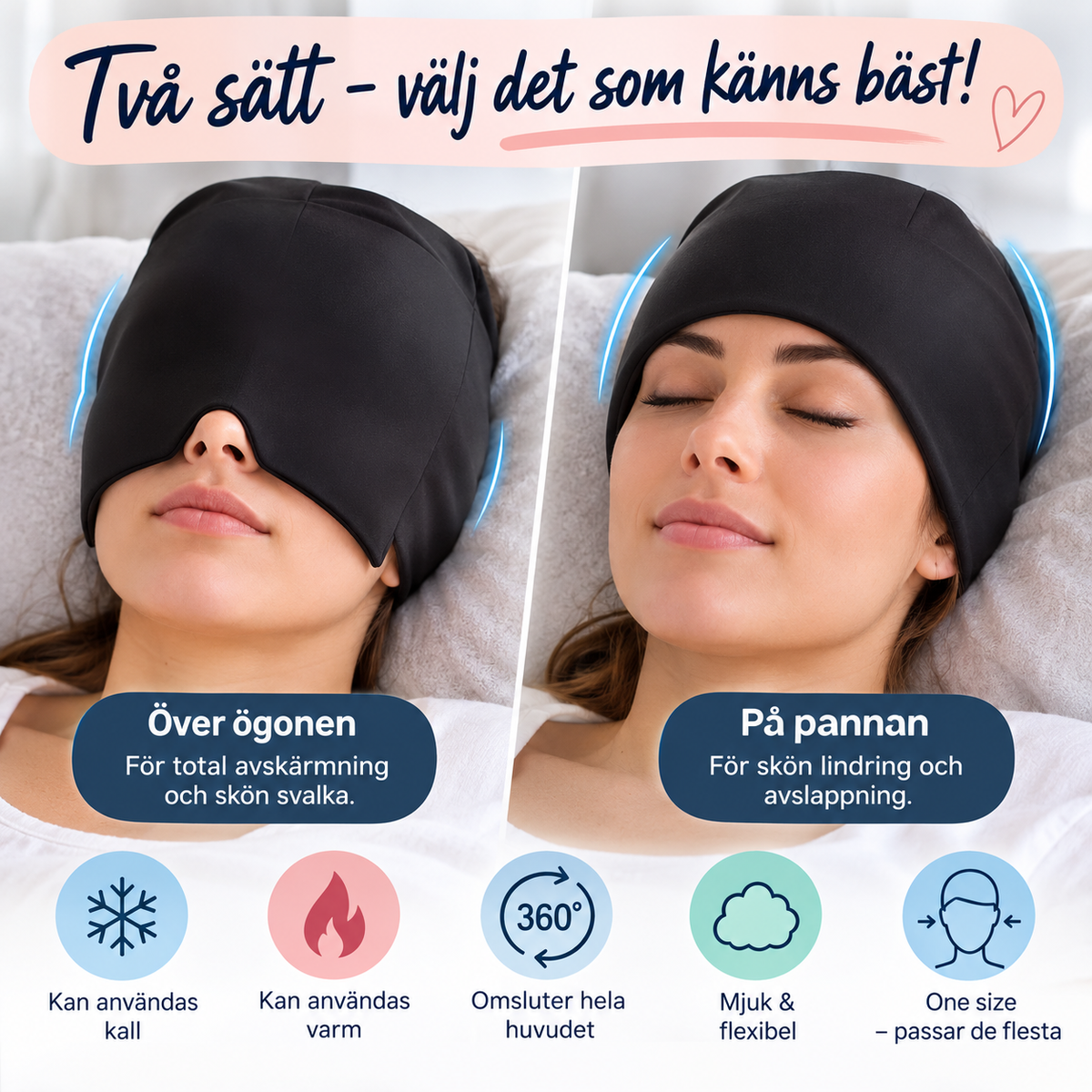 Kylande och värmande gelmössa för lindring av huvudvärk.